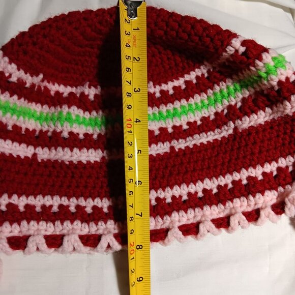 Vintage Handmade Crochet Hat Red White Green Striped Pattern With Pom-Pom Trim - Picture 9 of 10
